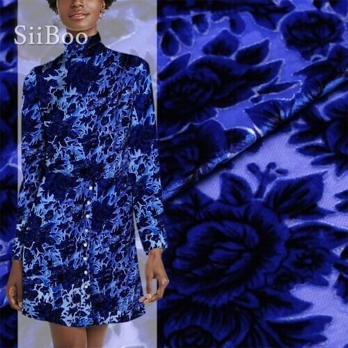 Blue floral burnout fabric for sewing rayon silk velvet fabric for dress 8mm flocking silk fabric cloth free shipping SP3748