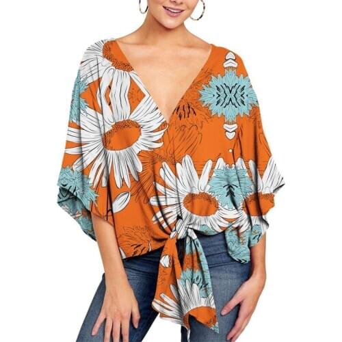 Women Blouses Summer Sexy V-Neck Flare Sleeve Bow Floral Print Shirts Fashion Female Loose Pullover Tops Casual Shirts Plus Size
