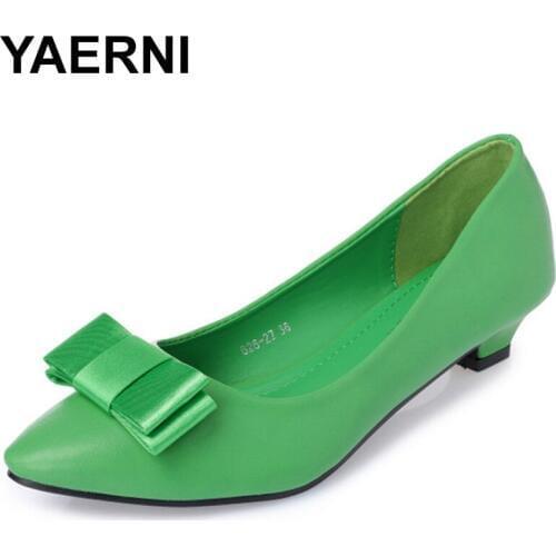 YAERNINew fashion Office Lady low heels work Shoes woman pumps Women autumn spring work Shoes pointed toe bowtie 35-41greenE1085