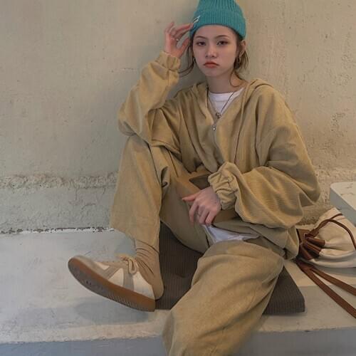 2021 Spring Women Casual Corduroy Tracksuits Hoodies Two Piece Set Zipper Sweatshirt Jacket with Elastic High Waist Sweatpants