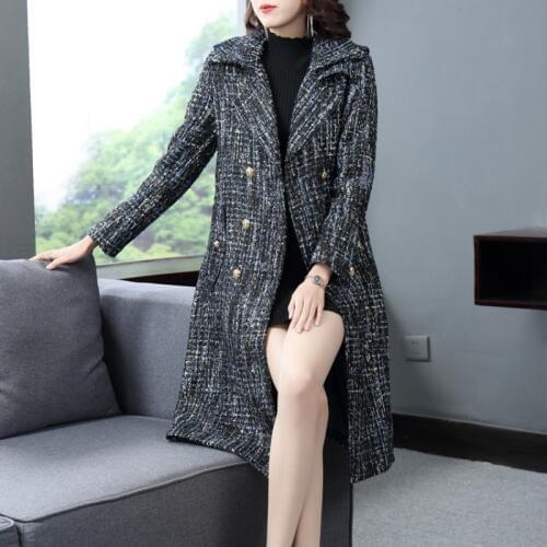 Autumn Winter Womens Fashion Double Breasted Tweed Trench Coats Elegant Medium Length Lapel Sashes Slim Fit Female A-Line Coats