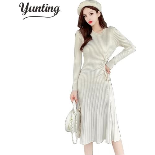 Autumn Winter black Sweater Dress Women o-neck Long Sleeve A Line Knit Dress female girl bodycon dress