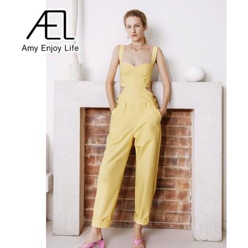 AEL Vest Jumpsuit Long Pants Women Yellow Hollow Out Design Summer Streetwear