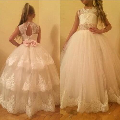 Ivory White Ball Gown Girls First Communion Dress Beaded Lace Tiered Tulle Flower Girls Dresses Pageant Gown Custom Made