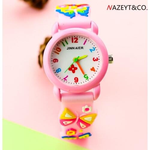 Free shipping children quartz watch cute cartoon 3D butterfly silicone strap girls kids simple flower dial gift clock