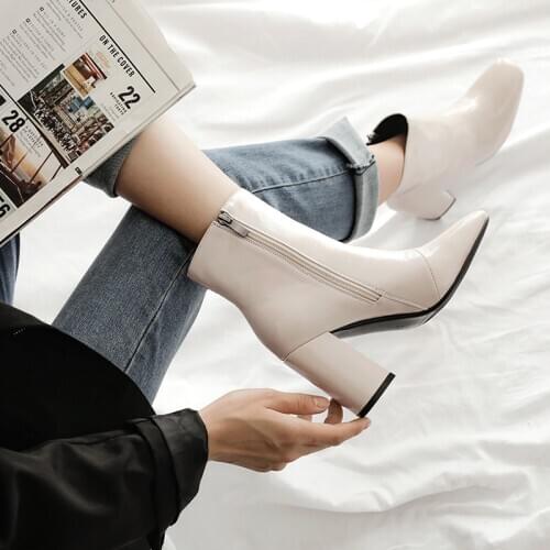 Shoes Women Ankle boots Patent leather plus size 33-45 Chelsea boots Square toe side zipper Autumn winter shoes women Beige