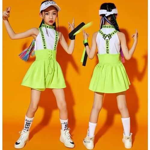 Children Cool Hip Hop Clothing Green Skirt Crop Tank Top Shorts for Girls Jazz Dance Costume Set Clothes Wear Show Outfits