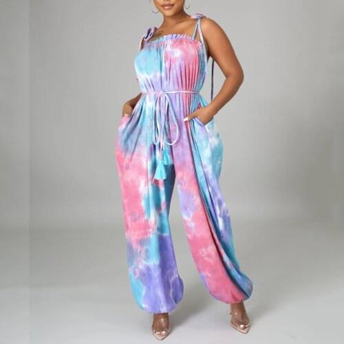 Women Fashion Sleeveless Strap Jumpsuits Loose Casual Rompers New Tie Dye Lace Up Overalls High Street Jumpsuit