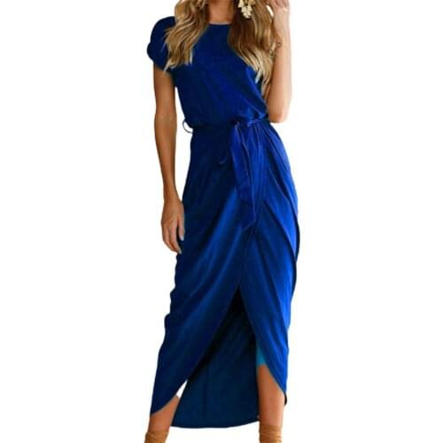 Summer Women Dress Short Sleeve Women Dress Solid Color All Match Irregular Hem Front Split Maxi Dress Beach Party Vestidos