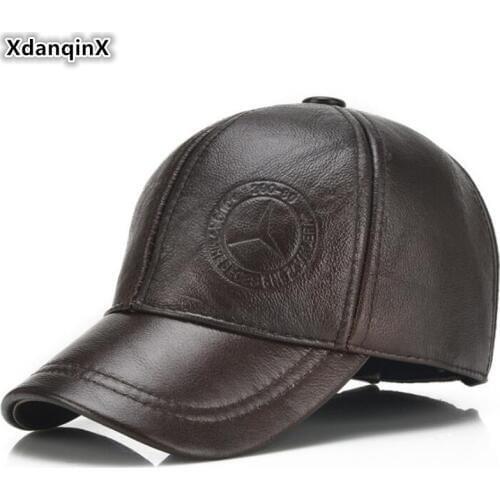 XdanqinX New Cowhide Leather Cap Mens Earmuffs Hat Thick Warm Baseball Caps Men Genuine Leather Hats Adjustable Size Brands Cap