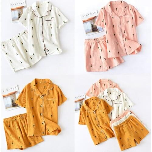 New Ladies Pajamas Suit Summer Comfortable Cotton Gauze Lapel Pajamas Suit Women Thin Loose Cartoon Carrot Printing Home Service
