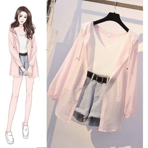 Plus Size Womens 2021 Spring and Summer New Sun Protection Clothing + Denim Jeans Pants + Camisole Three-piece Suit