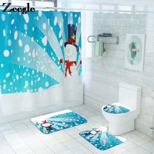 Christmas Style Bath Mat Home Decor Bathroom Carpet Toilet Rugs with Polyester Waterproof Shower Curtain Non-Slip Floor Rug Set