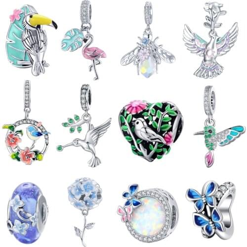 100% 925 Sterling Silver Garden Series Colorful CZ Flower Bird Enamel Charms Fit Charm Bracelets Bangles DIY Jewelry