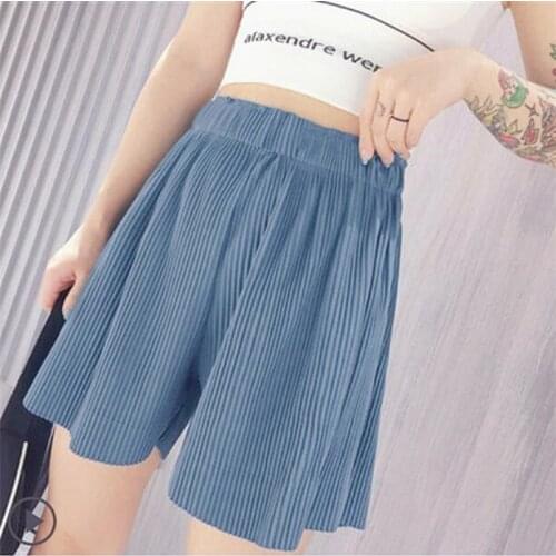 Summer Women Elastic High Waist Shorts Korean Pure Folds Elegant Wide Leg Pants Casual loose Holiday Trousers Plus Size M-7XL