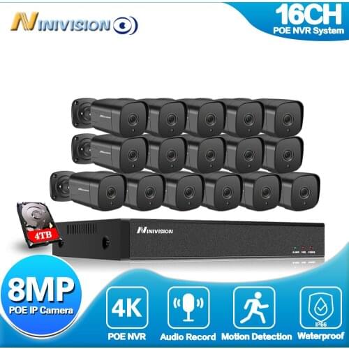 NINIVISION 16CH POE 4K NVR System 16pcs 8MP Security Outdoor POE IP Camera H.265+ 4K 16CH CCTV Video Surveillance System kit