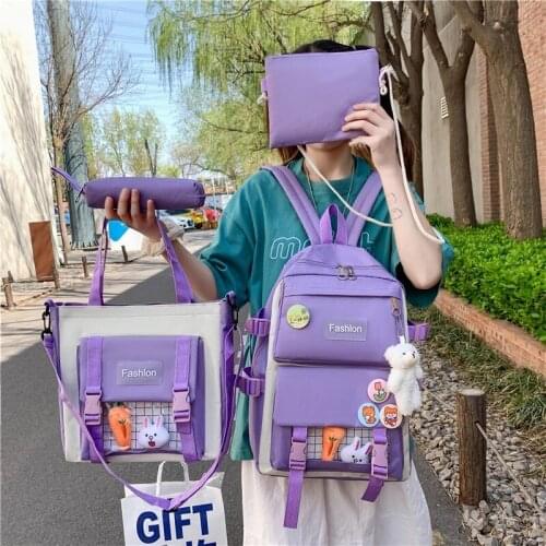 Large-capacity Waterproof Student Scoolbags 2021 4-piece Set Fashion Womens Backpack Contrast Color Nylon School Bag For Girls