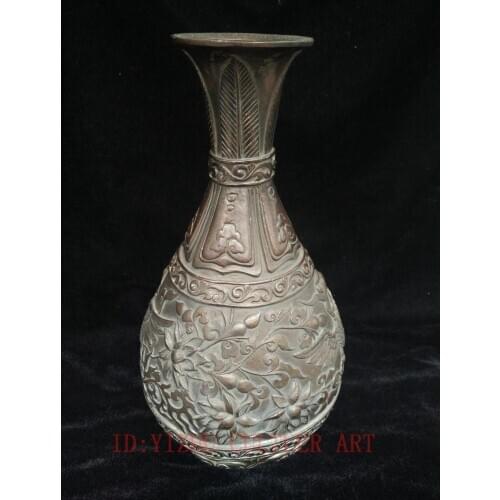 YIZHU CULTUER ART Sparse Collection Old China Bronze Carving Phoenix Flower Vase Statue Decoration