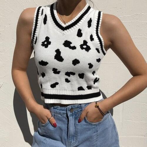 Women Classic Trendy Cow Print Vest Sleeveless V Neck Casual Wild Stretch Knitted Cropped Sweater Ladies Autumn Daily Wear