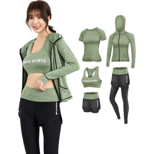 5 Piece Women Fitness Suits Gym Sport Running Yoga Set Exercise Trainning Jacket Coat Trousers Top Bra Tee T Shirt + Short Pants