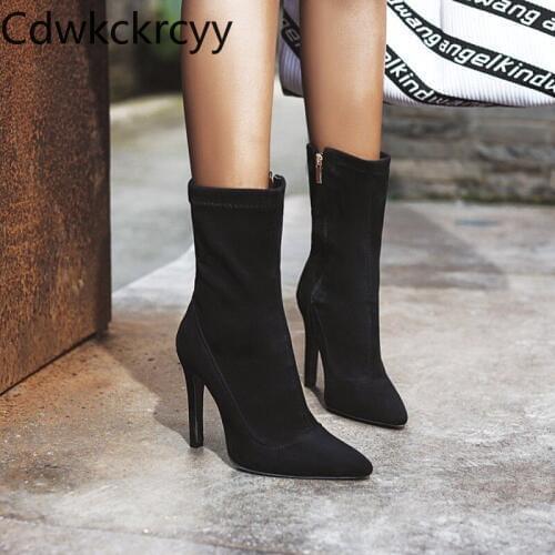 Winter The New fashion Pointed Fine heel Mid boots red Suede Sexy Plus velvet Keep warm High heel Women boots plush size 34-48