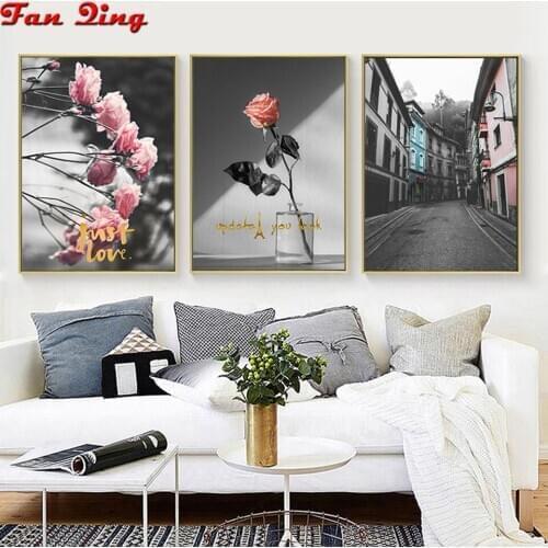 3pcs 5D Diamond Painting Simple rose city landscape Diy 3D Cross Stitch Diamond Embroidery Rhinestone mosaic Set Wall art