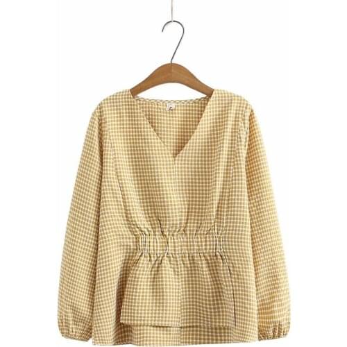 Plus size V neck Plaid cotton Slim waist women loose blouse 2021 new spring autumn casual ladies pullover female tops