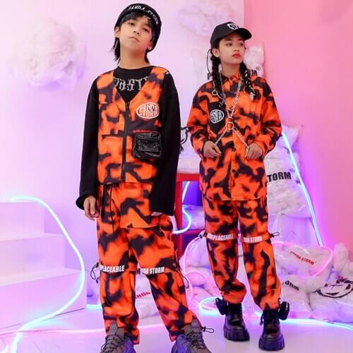 Children Hip Hop Clothes Orange Camouflage Vest Pants Suit Boys Girls Jazz Modern Trend Hip Hop Dancers Show Costume BL5018