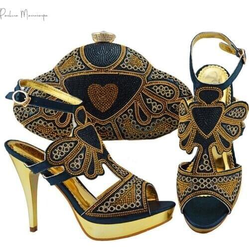 Special Designer Dark Blue Color Nigerian Wedding Italian Shoe and Bag Set Nigerian Wedding Shoes and Bag for Party