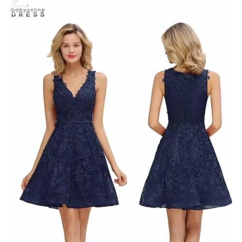 New Lace Appliques Short Evening Dress V Neck Tank Sleeveless Party Prom Dress For Wedding Vestido De Festa