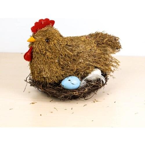 L11.8" Happy Easter Home Decor Wedding Animmal Pastoral Straw Hen with Eggs Easter Decoration Vintage Nature Material Statuettes