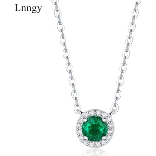 Lnngy 925 Sterling Silver Emerald Necklace for Women 5.0mm Round Emerald Pendant Halo Necklace Lady Fashion Jewelry Pendant gift