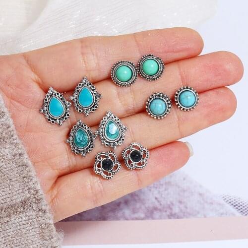 Fashion Vintage All-match Ornament 5 Pair/Set Earrings Metal Engraving Cutout Water Drops Flowers Womens Assorted Earrings Set