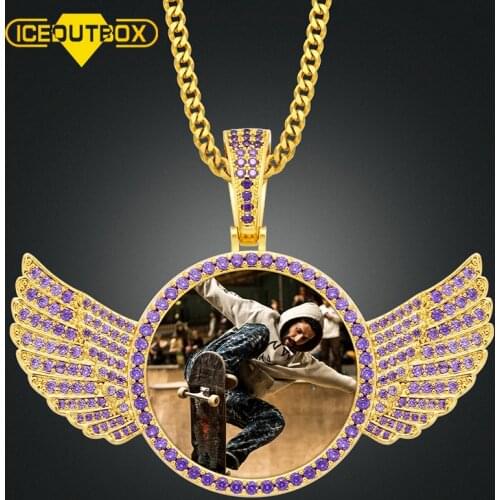 New Luxury Custom Made Photo Crystal Angel Wings Only Pendants 3 Colors Gold Pink Purple Cubic Zircon Mens Hip Hop Jewelry