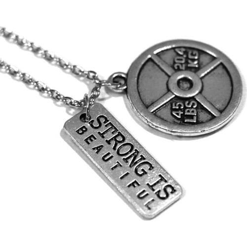 Bespmosp 24PCS/Lot Wholesale"Strong Is Beautiful"Dumbbell Silver Plated Charm Pendant Necklace Sport Men Jewelry Weightlifting