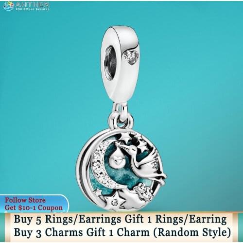 Ahthen S925 Sterling Silver Beads Stork & Twinkling Stars Dangle Charms fit Original Pandora Bracelets Women Jewelry Making Gift