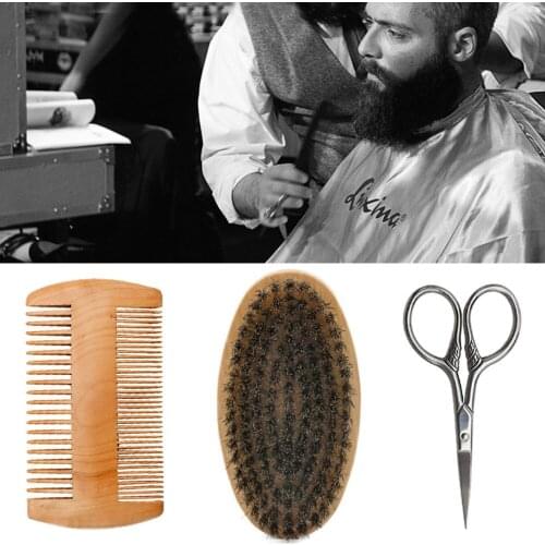 High Quality Soft Boar Bristle Wood Beard Brush Hairdresser Shaving Tool Men Mustache Comb Kit With Gift Bag Beard Hair Comb Set