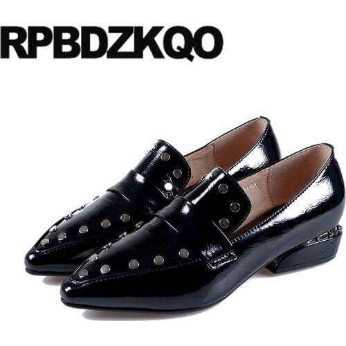 Chic pointed toe 2019 low heels stud thick black size 4 34 japanese fashion shoes brand patent leather ladies metal rivet pumps