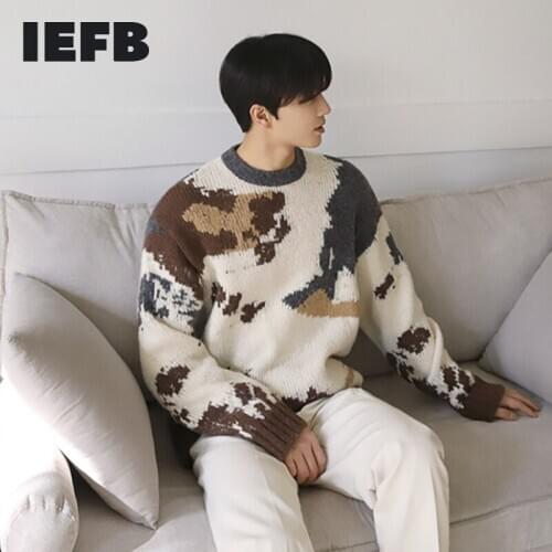 IEFB Autumn Winter Thick Sweater Mens Korean Snow Mountain Jacquard Kint Pullover Trend Loose Crew Neck Kintwear Vintage 9Y4938