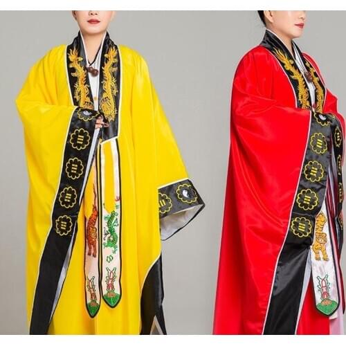 Unisex high quality red/yellow Taoist dragon collar cassock robe gown garment taoism clothing vestment