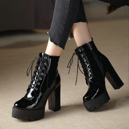 ZawsThia patent PU leather round toe platform block high heels womens winter boots lace-up cross-tied woman ankle martin boots