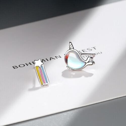 KOFSAC 2020 Sterling Silver 925 Earrings For Women Jewelry Asymmetry Crystal Whale Rainbow Meteor Stud Earring Girl Party Gifts