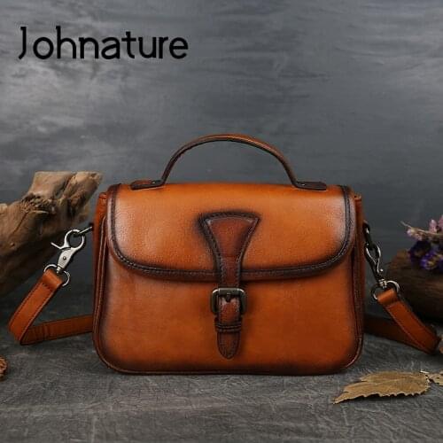 Johnature 2021 New Versatile Genuine Leather Women Shoulder Bags Retro Nature Soft Cowhide Handbag Leisure Lady Crossbody Bags