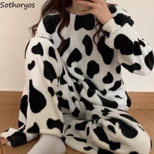 Plus Velvet Thicker Women Pajama Sets Coral Fleece O-neck Warm Long Sleeve Cartoon Students Homewear Soft Korean Style Sweet Ins
