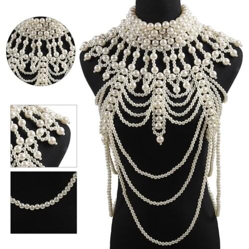 Women Imitation Pearl Beaded Body Chain Shawl Handmade Jewelry Bib Necklace Collar Vintage Luxurious Layered Costume