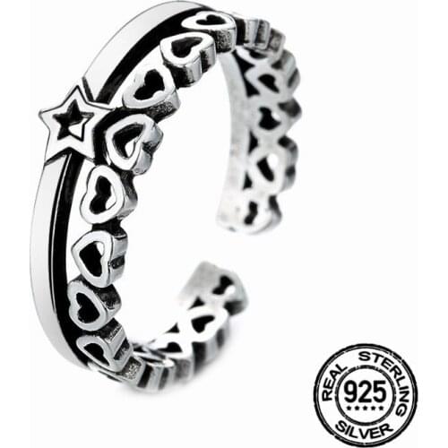 925 Sterling Silver Ring For Women Double Layer Opening Free Adjustable Hollow Star Heart Hip Hop Rock Unisex Party Jewelry Gift