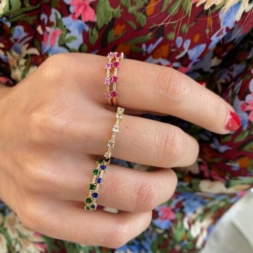 2021 New Gold Color Rainbow CZ Red Green Blue Zircon Square Ring Cute Fine CZ Rings For Fashion Women Jewelry