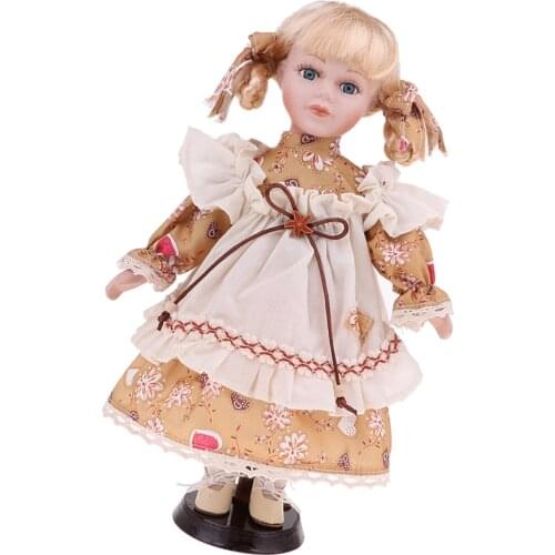 30cm Porcelain Doll Victorian Girl Standing Figures with Wooden Stand Kids Adult Collections