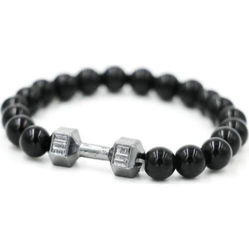 BPPCCR gold color Black Stone Beads Men bracelet Barbell Jewelry Male Female Fit Life Dumbbell Bracelets Prayer pulsera