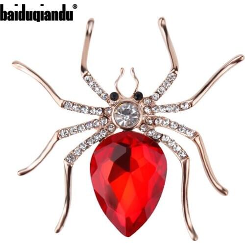 Baiduqiandu Brand High Quality Glass Crystal Spider Brooch Pins in Red Purple Blue Colors